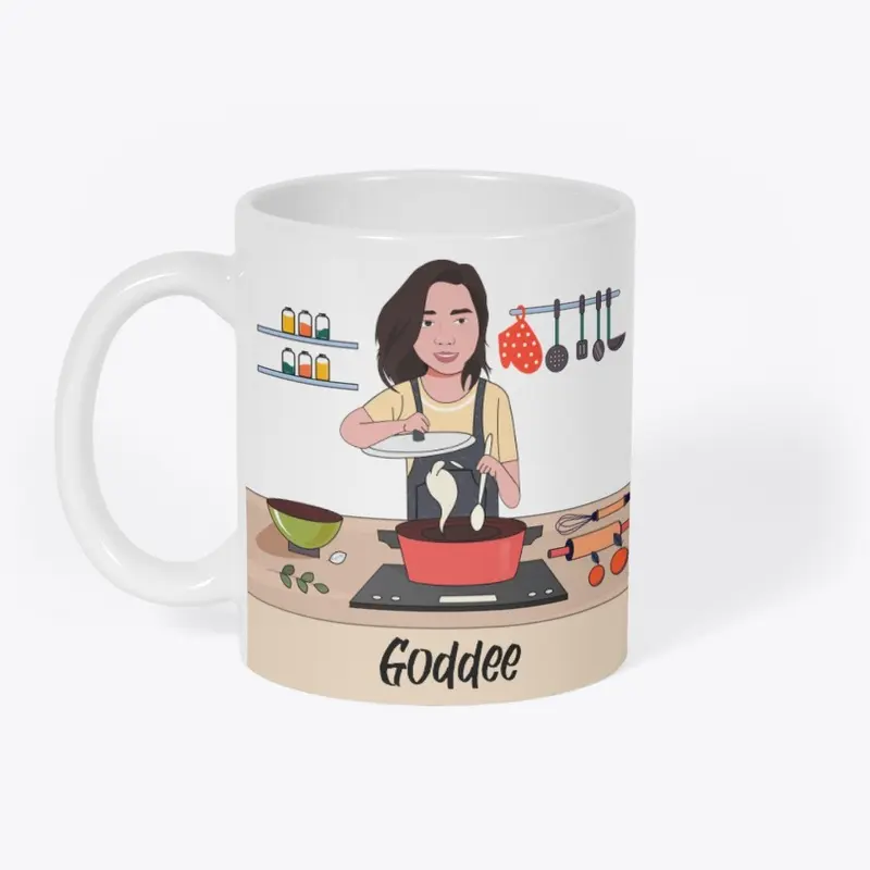 Mug with two images of Goddee cooking.